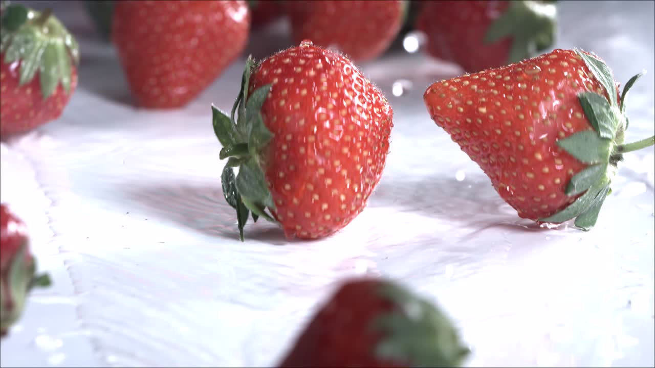 Erdbeeren rollen auf weißem Hintergrund herunter. Zeitlupe