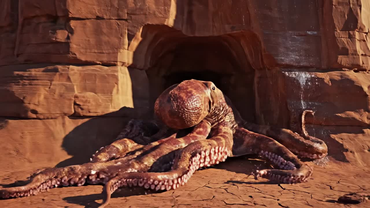 Creatura polpo fantastica che striscia in una grotta rocciosa nel deserto