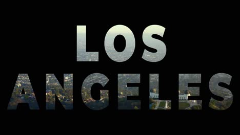 aerial drone shot of city buildings and skyline in america overlaid with graphic spelling out los angeles