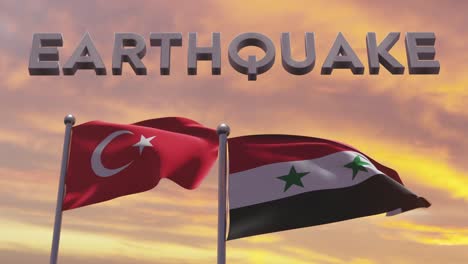 Turkey-and-Syria-earthquake,-flags-with-title-at-sunset