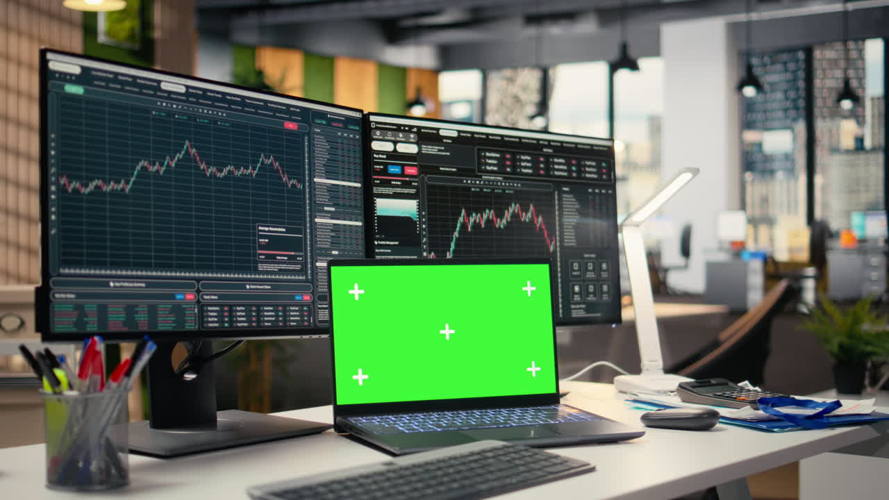 Stock market metrics diagrams displayed on green screen laptop in office