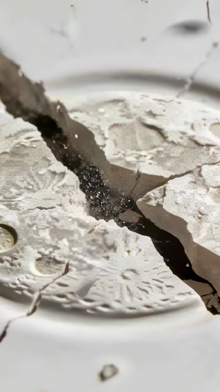 Vertical video: Fissure widening sending white circular disk shedding dust and tiny chips on bench