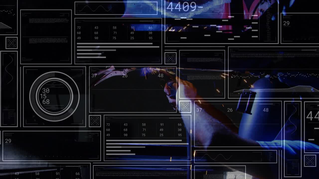 Welder igniting torch and cutting metal with animated gauges and charts updating for fabrication