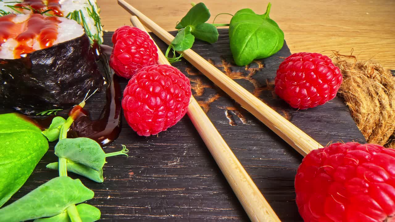 Những cuộn sushi với quả mọng trên tấm gỗ, khung cảnh ẩm thực tươi mới và đầy màu sắc
