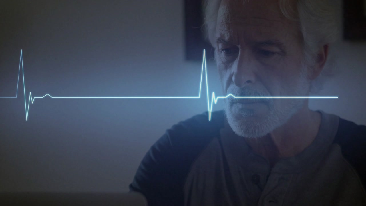 Senior man watching laptop while ECG waveform sweeping across scene, initiating heart monitoring