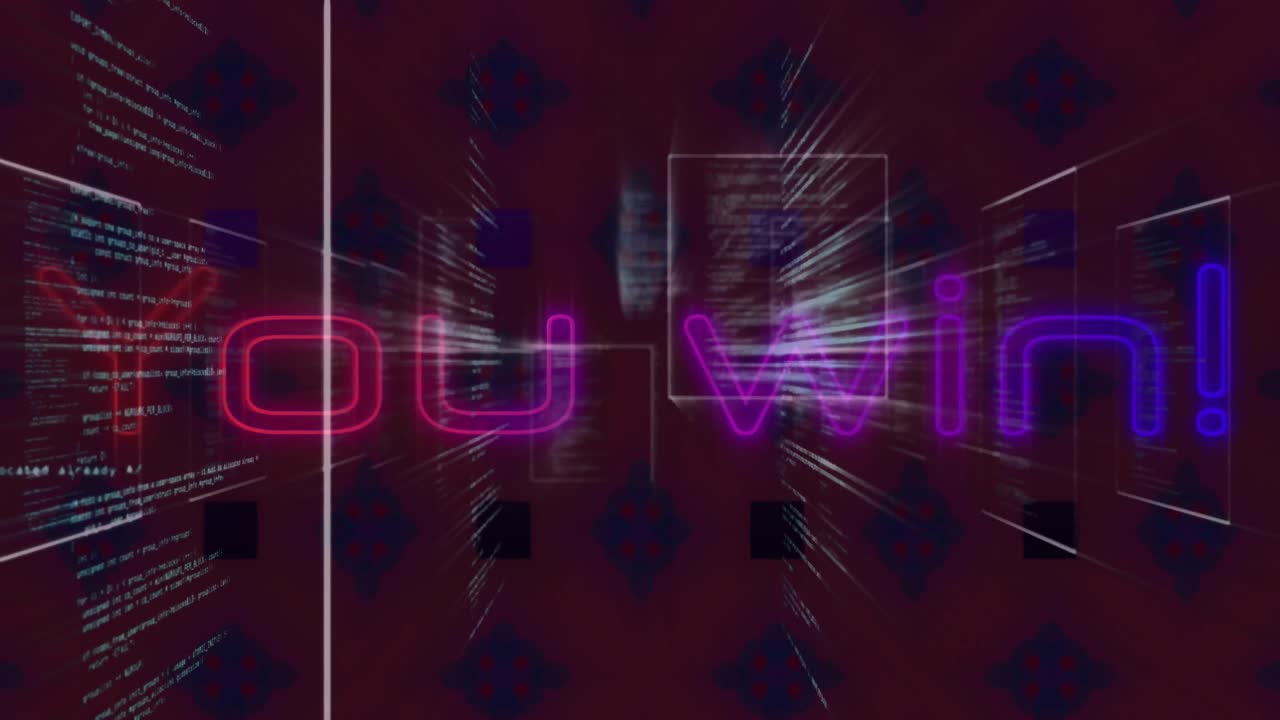 Animation of you win text banner over screens with data processing against purple background