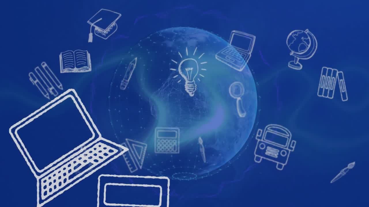 파란색 지구와 파란색 배경 위에 떠있는 학교 아이콘의 애니메이션