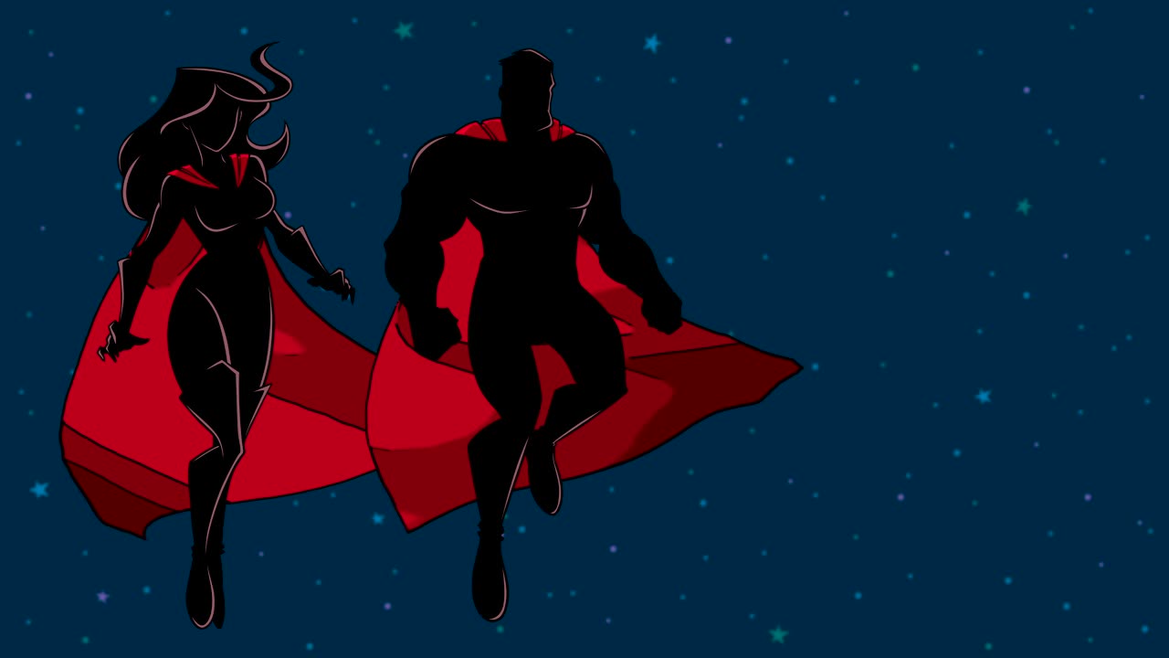una pareja de superhéroes volando en la silueta del espacio