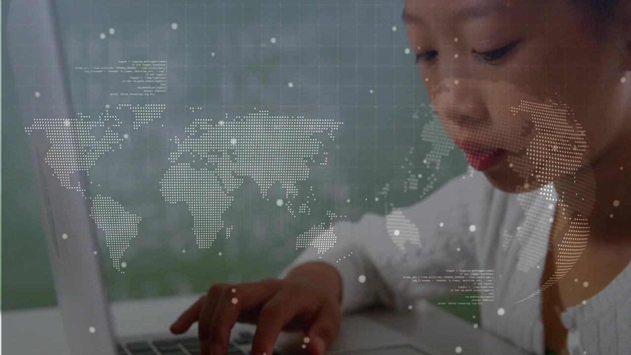 Vertical video: Close-up student in white top typing to learn on laptop at desk, map, code overlays