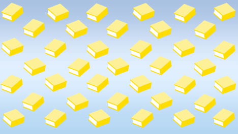 animación digital de múltiples iconos de cuadernos amarillos flotando contra un fondo gris