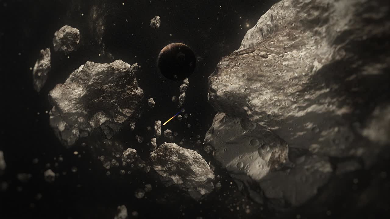Volando attraverso un campo di asteroidi verso un pianeta distante