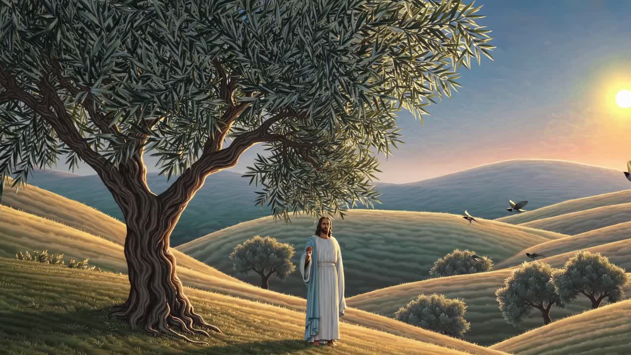 Concept video surreale con visuale dal basso di una figura in veste sotto un albero su dolci colline