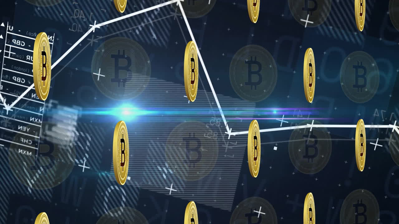 Bitcoin animation with fluctuating graph line over digital financial data background