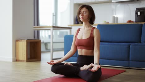 retrato de una mujer haciendo ejercicios de yoga con loto en un tapete de yoga en casa por la mañana
