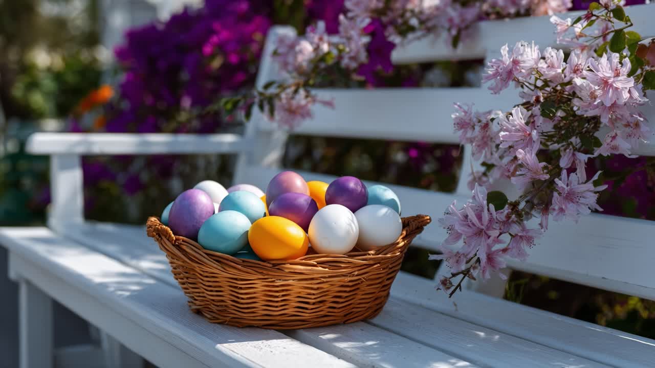 A Beautiful Basket of Colorful Painted Eggs Surrounded by Blossoming Flowers on a White Bench in a Vibrant Spring Garden, Symbolizing Festivity and Renewal