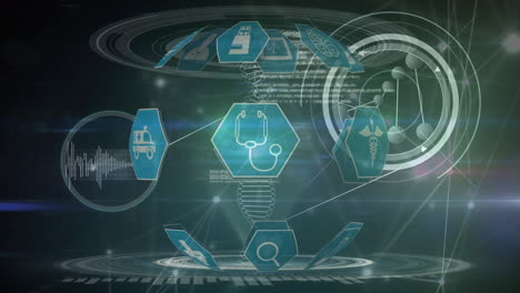animation of dna strand spinning over medical icons and scientific data processing