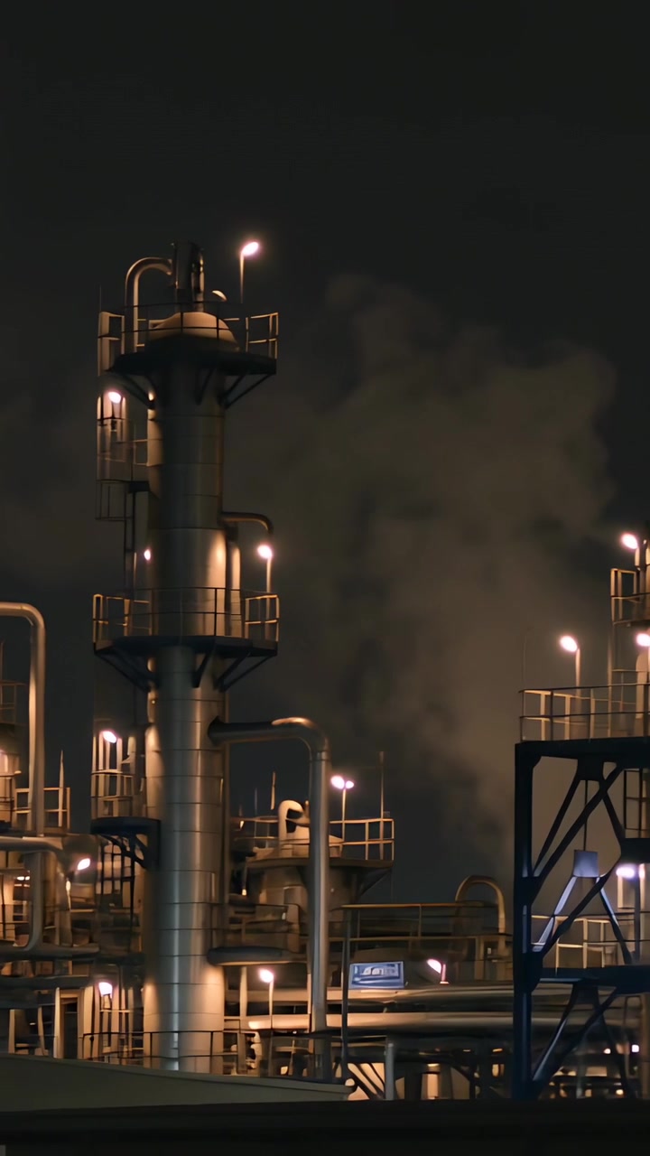 Vertical video: Venting vapor after vent opening, process columns billowing at refinery with pipes