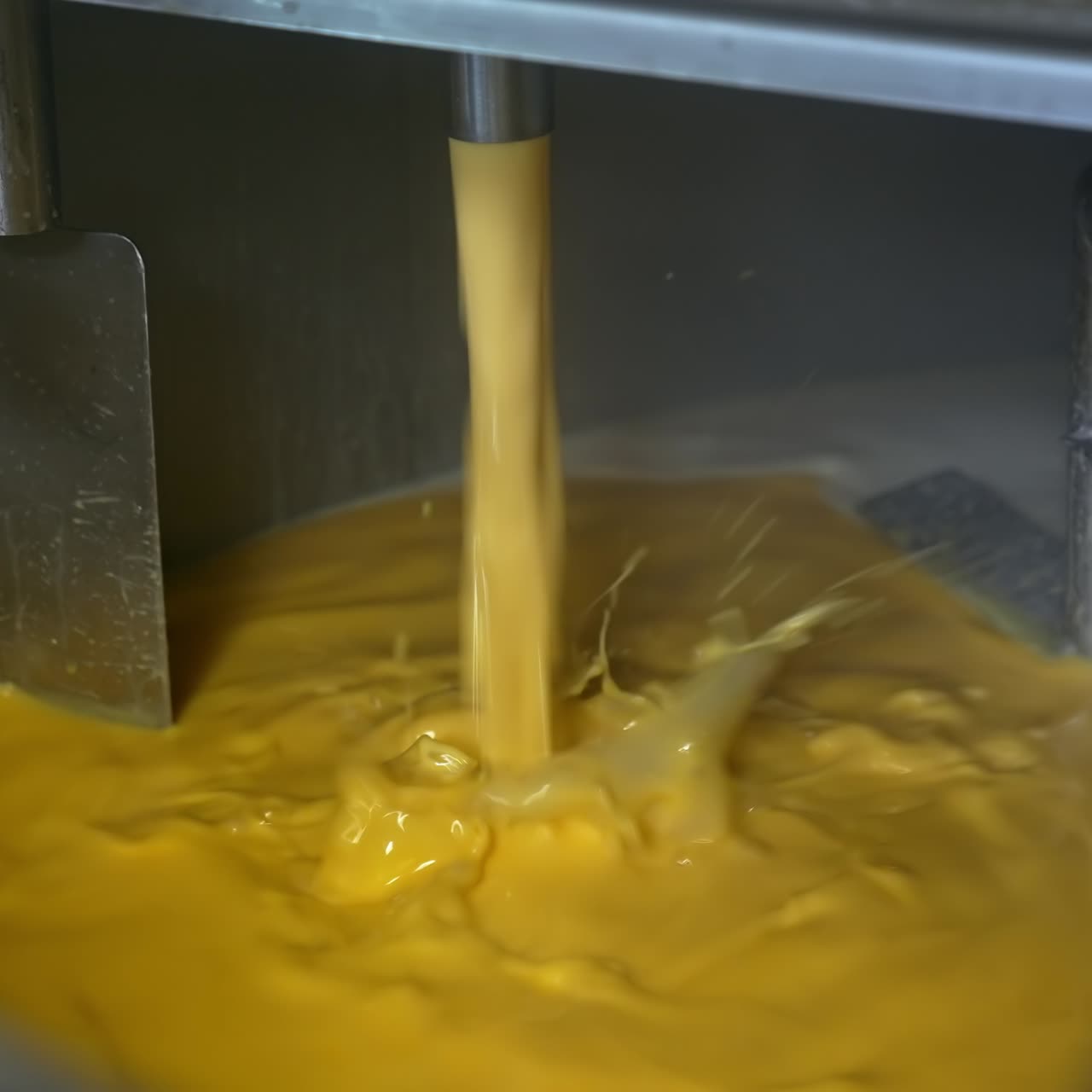 Industrial making cheese in big factory. Producing butter food industry