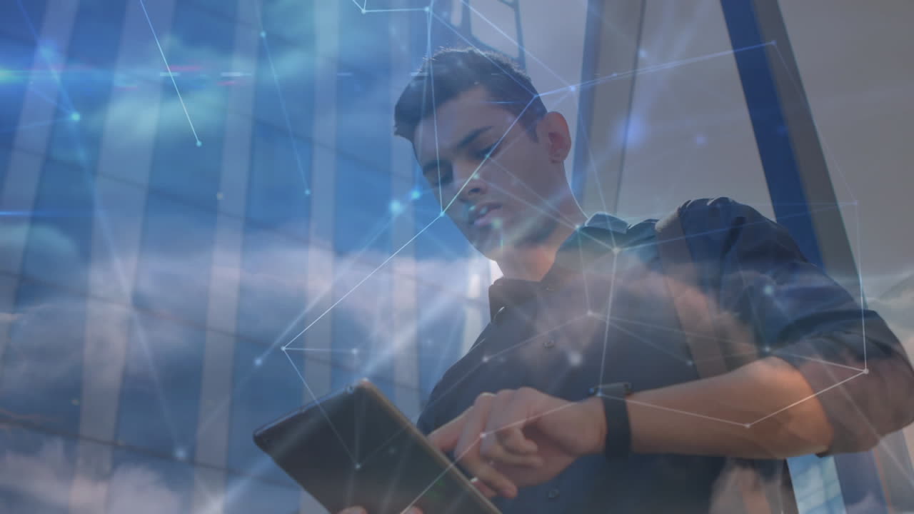 Animation of network of connections over businessman using tablet