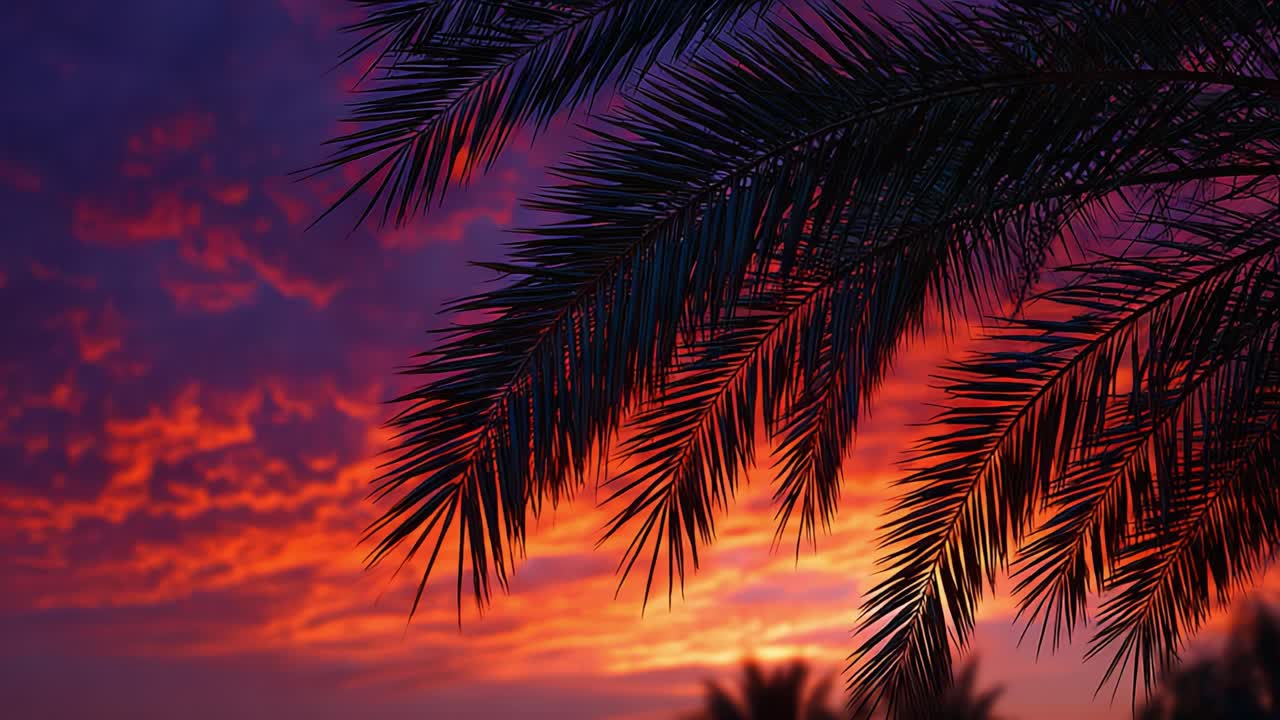 Breathtaking Sunset Over Silhouetted Palm Trees with Vivid Sky Colors in a Captivating Natural Landscape