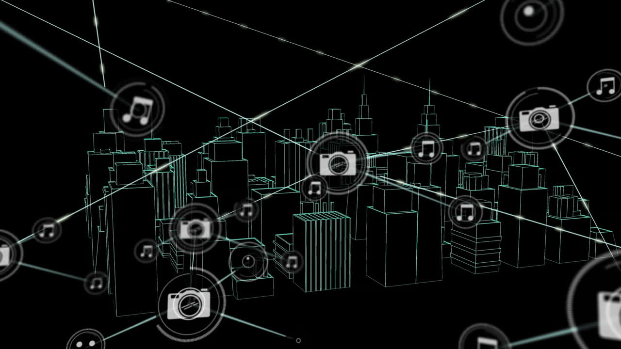 Animazione di una rete di connessioni con icone su un disegno di città 3D su sfondo nero.