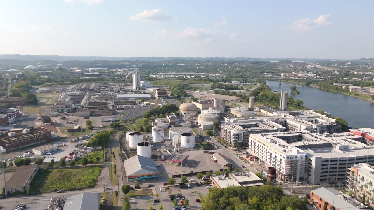 Aerial Flyover Of Industrial Oil Business And Modern Apartments In Historic Germantown, Nashville.