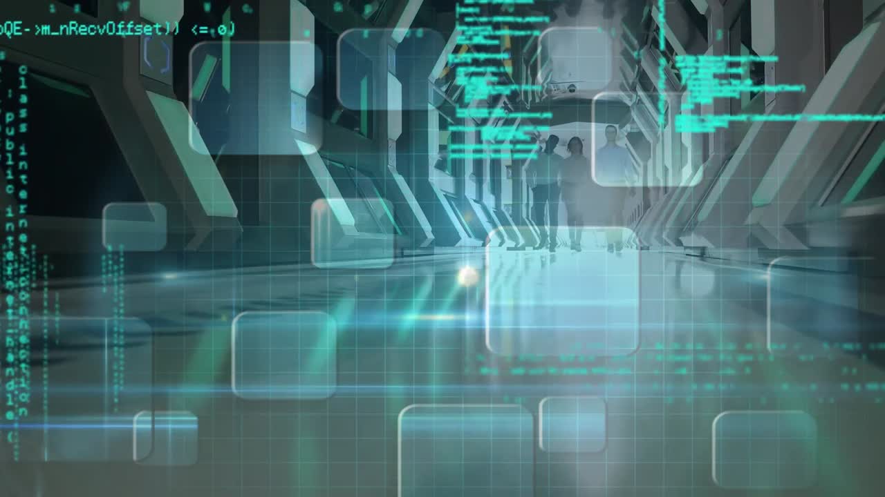 Animation of data processing over business people walking