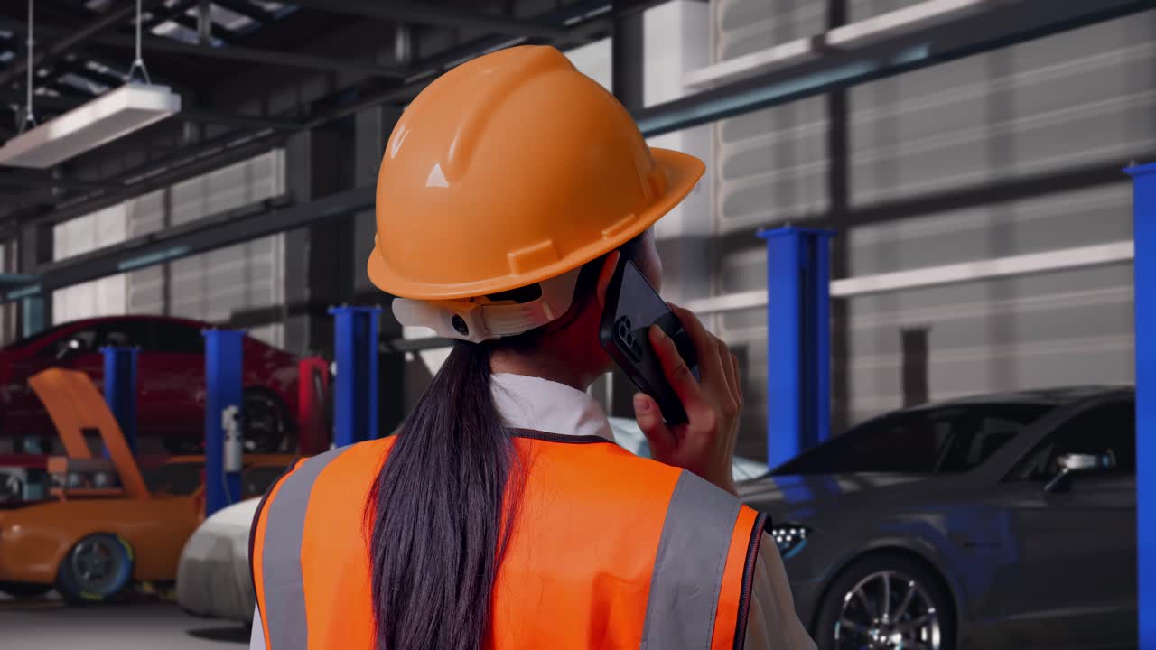 Primo piano da dietro di ingegnere donna asiatica con casco di sicurezza che parla al telefono in un'autofficina