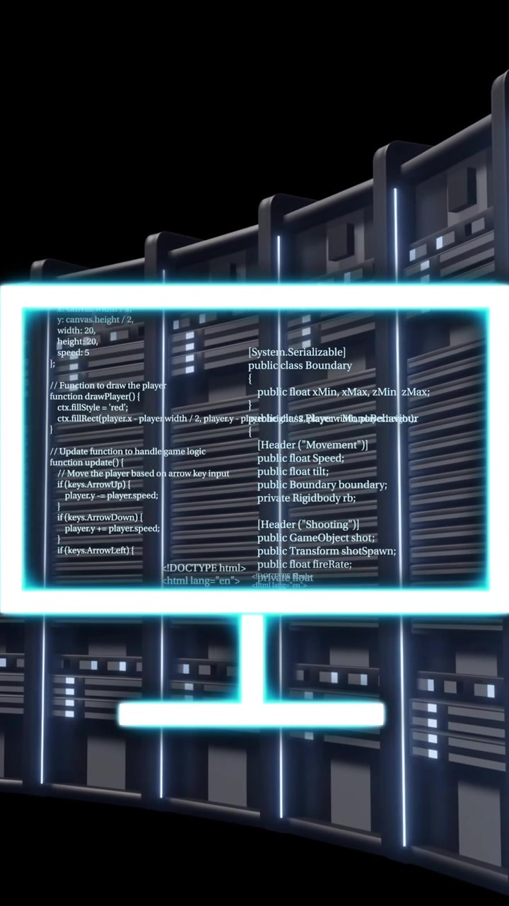 Computer monitor with code animation over server racks in data center