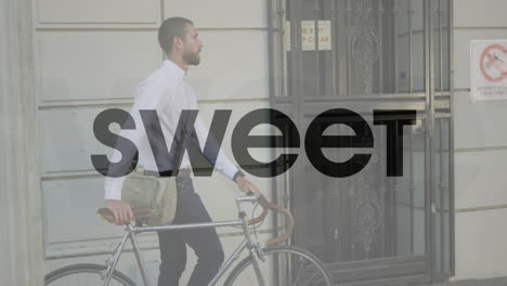 man walking with bicycle, sweet text animation over urban background