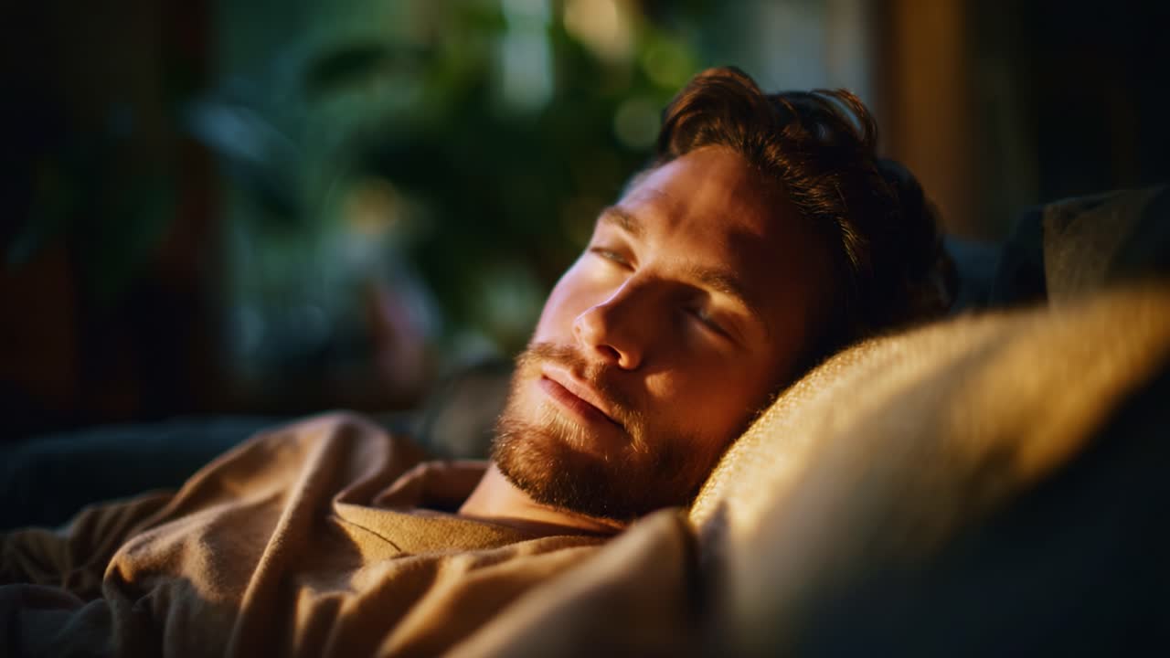 Rolige stunder med fordybelse og afslapning, mens en ung mand nyder en fredfyldt aften hjemme, omgivet af varmt lys og ro i en behagelig sofa.