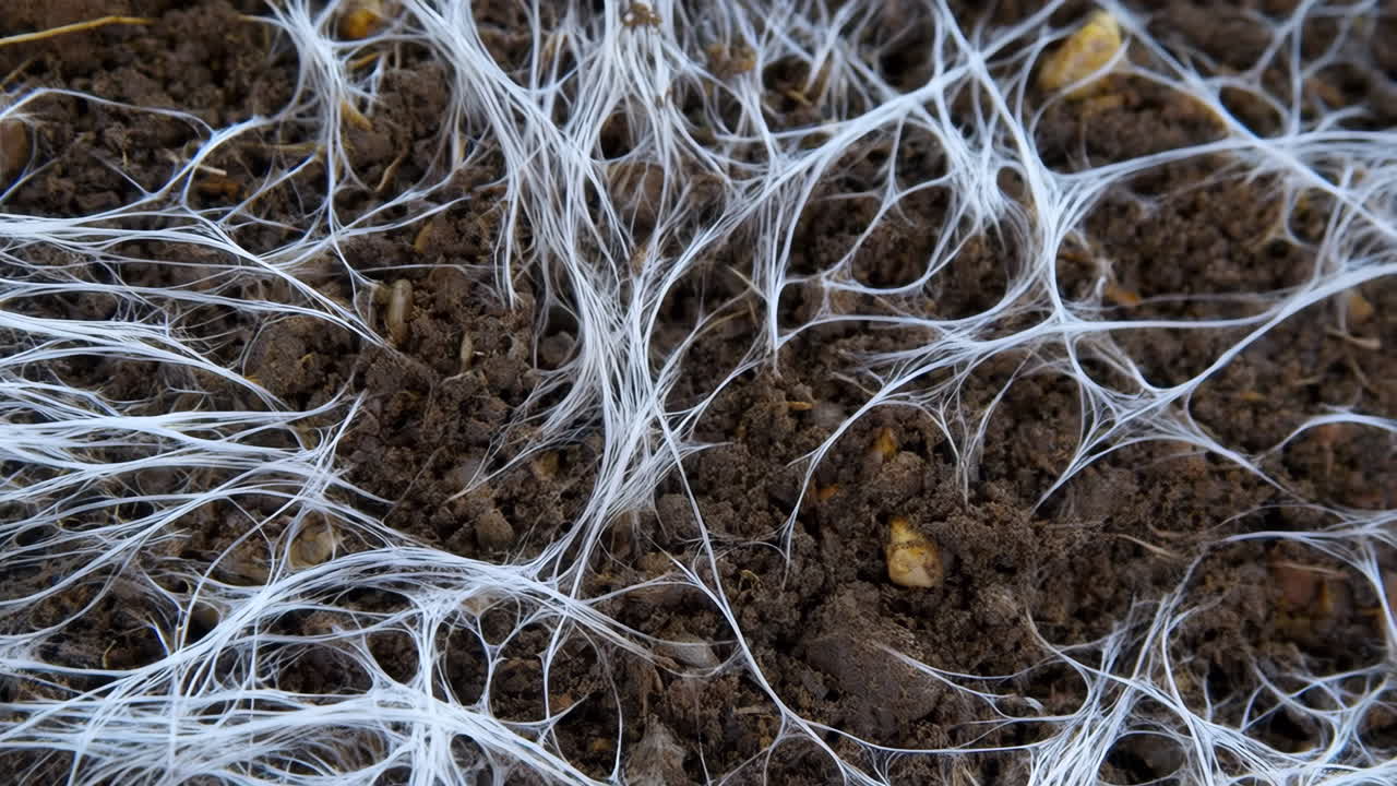 Closeup Soil Covered With White Mycelium Web, Intricate Filamentous Hyphae Weaving Through Dark Loamy Earth,