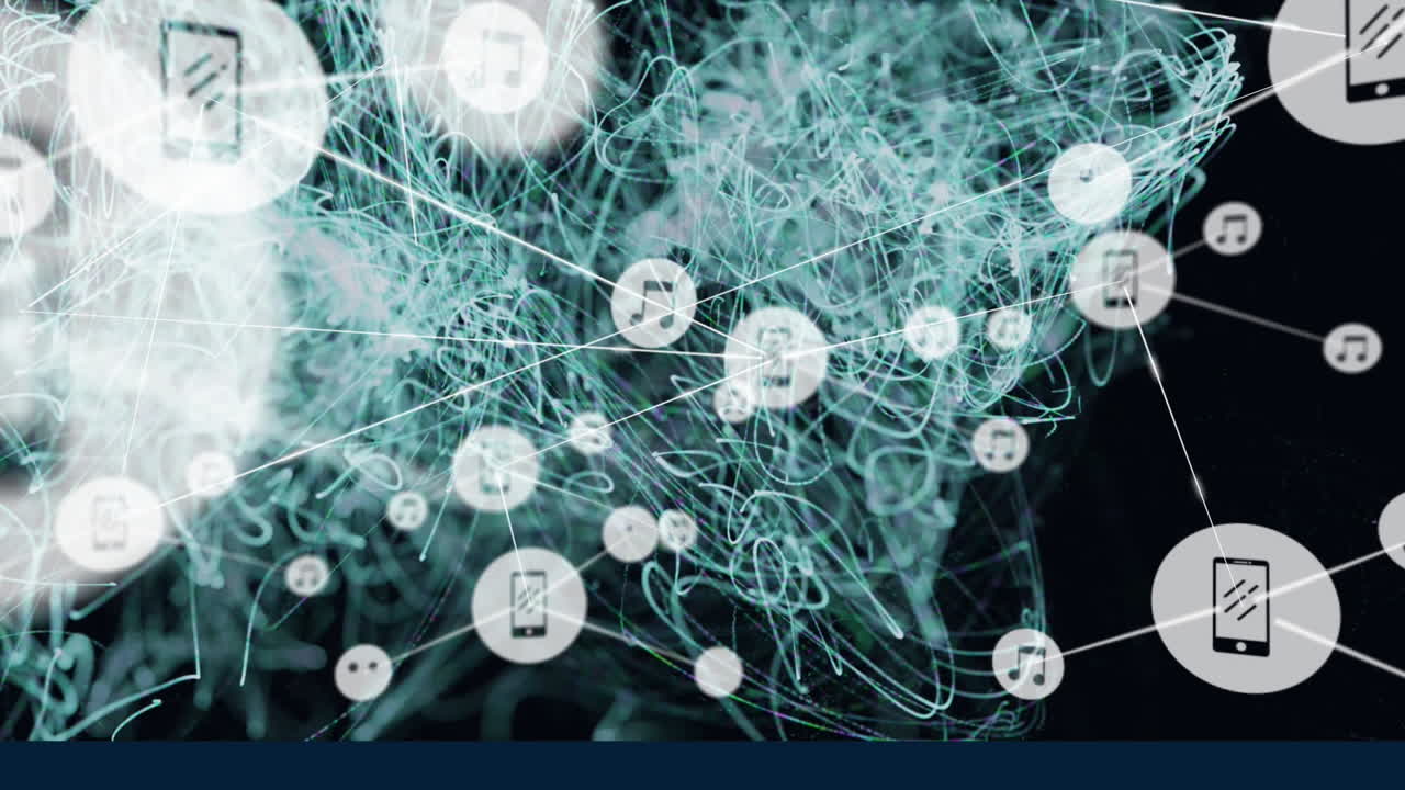 빛나는 초록색 빛 트레일 위의 아이콘으로 연결 네트워크의 애니메이션