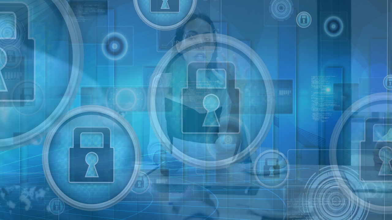 animación de iconos tecnológicos sobre una mujer biracial haciendo una presentación en línea