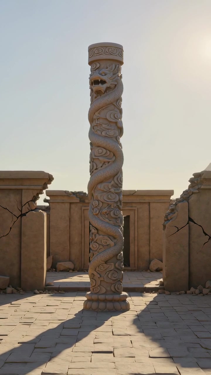 Vertical video: Zooming camera revealing carved serpent column at temple ruins, showing long shadow