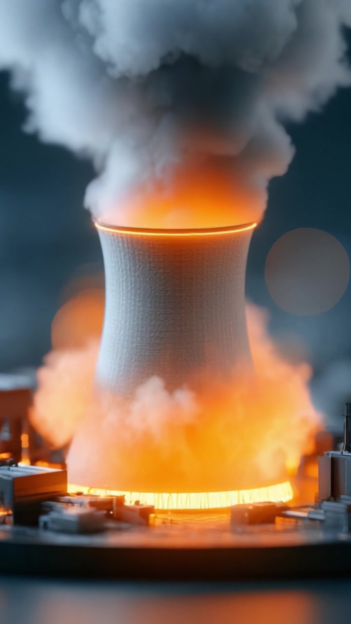 Een indrukwekkende visual van de koeltoren van een kerncentrale vlak voor een catastrofale gebeurtenis, met dramatische rook en vuur die de structuur omhullen in een intense gloed.