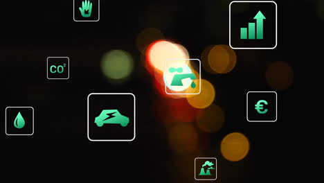 animación de los iconos eco procesamiento de datos sobre las luces de la ciudad fuera de enfoque