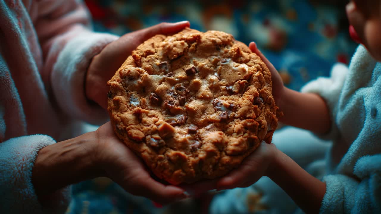 Delightful Moments Sharing a Warm, Delicious Cookie Between Two Hands, Capturing the Essence of Joy and Togetherness in a Cozy Setting with a Soft Background