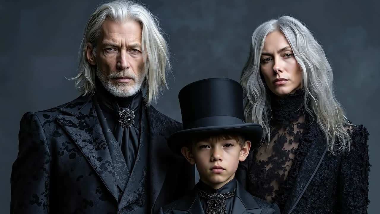 A man and two women and a boy in a top hat pose for a picture