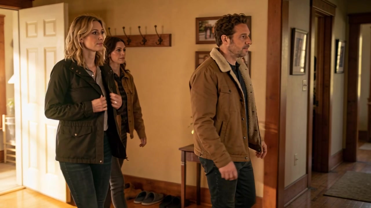 Front door opening, man leading two women into home entryway, women adjusting jackets