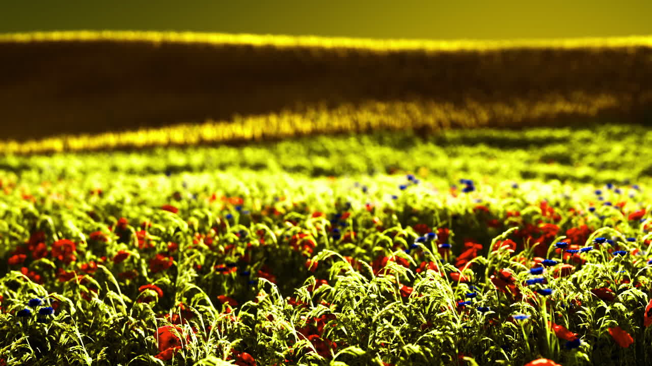 Vibrant meadow blooming with wildflowers at twilight in golden sunlight