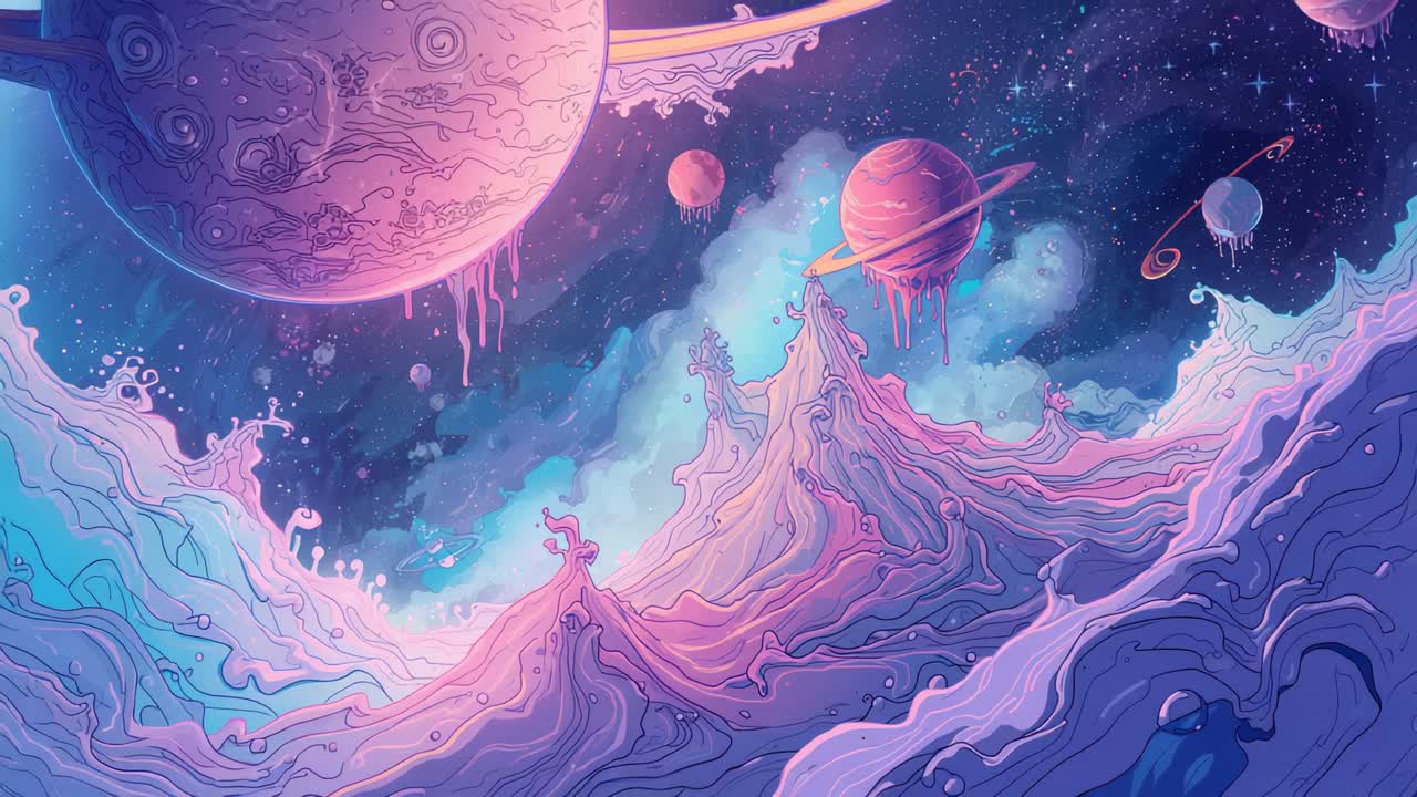 Showing cosmic scene persisting in space, featuring drippy ringed planets, mountains, starry nebula