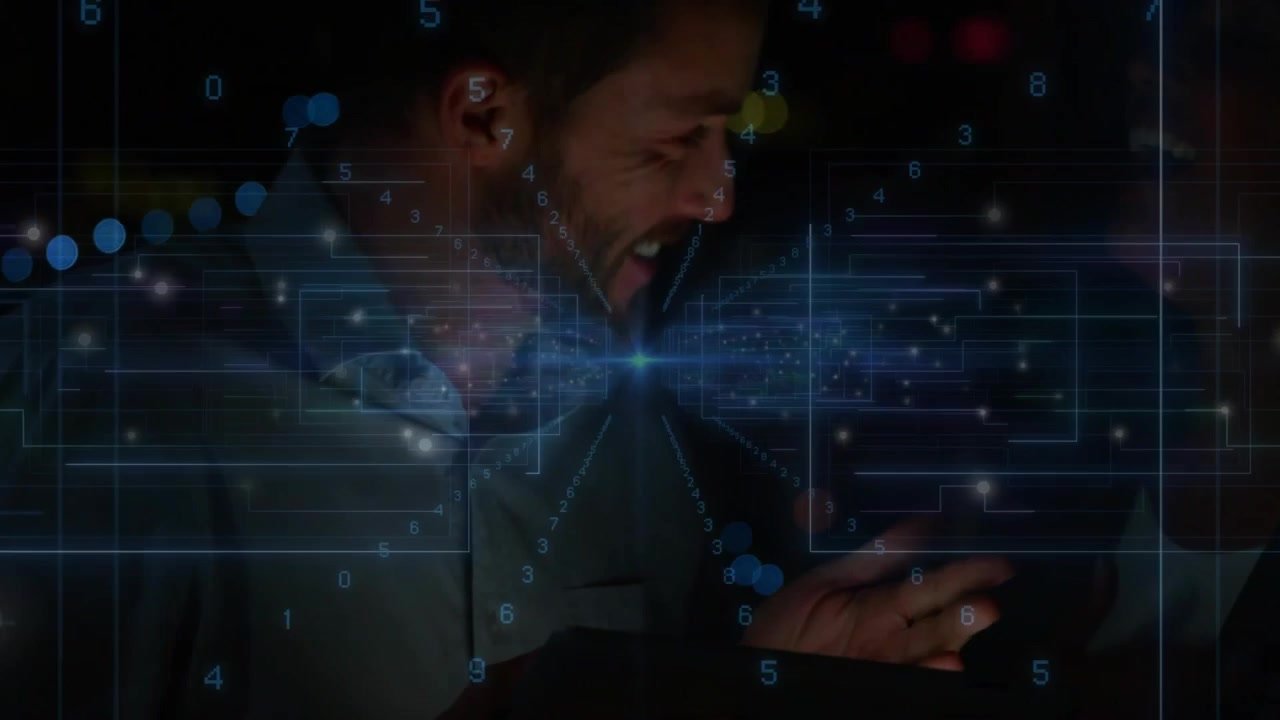 Vertical video: Man and woman using tablet in dim tech lounge, glow drawing taps and revealing data