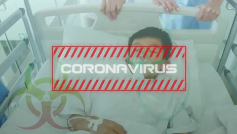 la palabra coronavirus escrita sobre un niño acostado en una cama de hospital, con una máscara de oxígeno