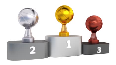 vista frontal de los trofeos de oro, plata y bronce de baloncesto aparecen en el podio