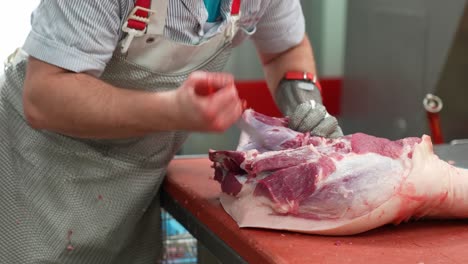 butcher making abattoir and slaughterhouse operations and cutting pork