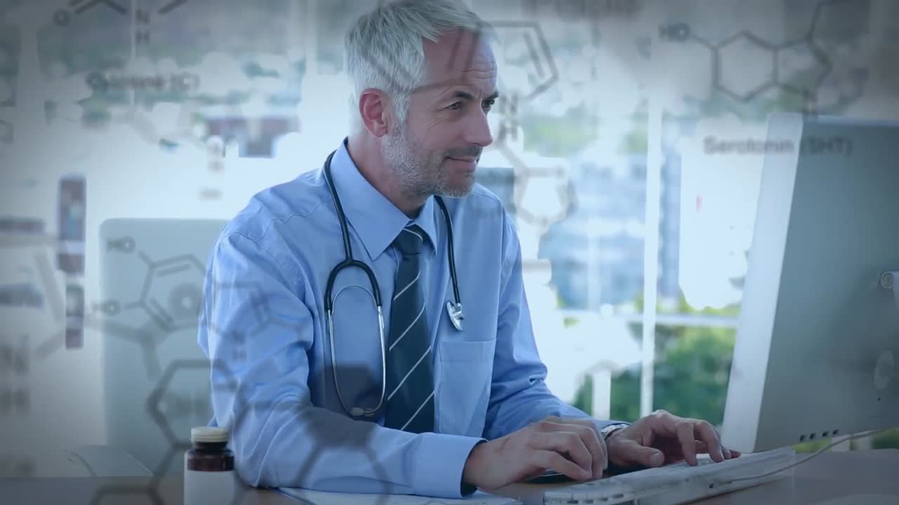 médico usando una computadora y estructuras químicas