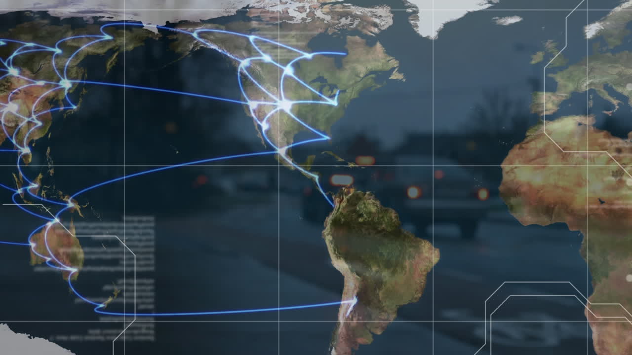 animación del procesamiento de datos a través de la red de conexiones de viaje en el mapa mundial y el tráfico