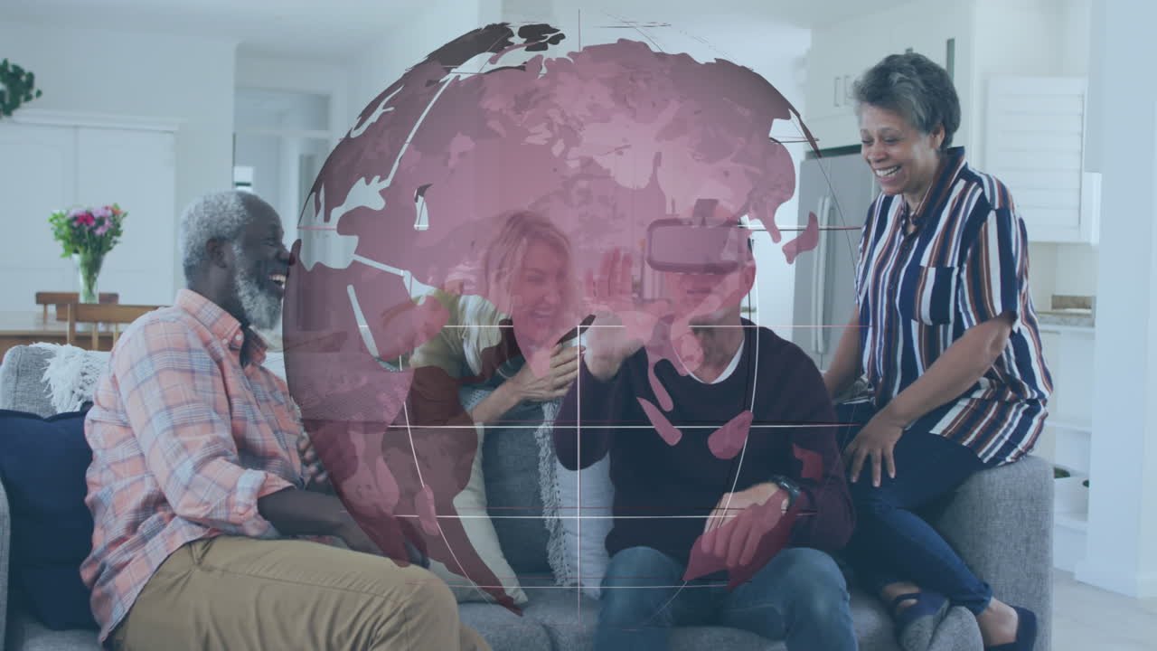 animación del globo sobre amigos diversos de edad avanzada usando auriculares vr.