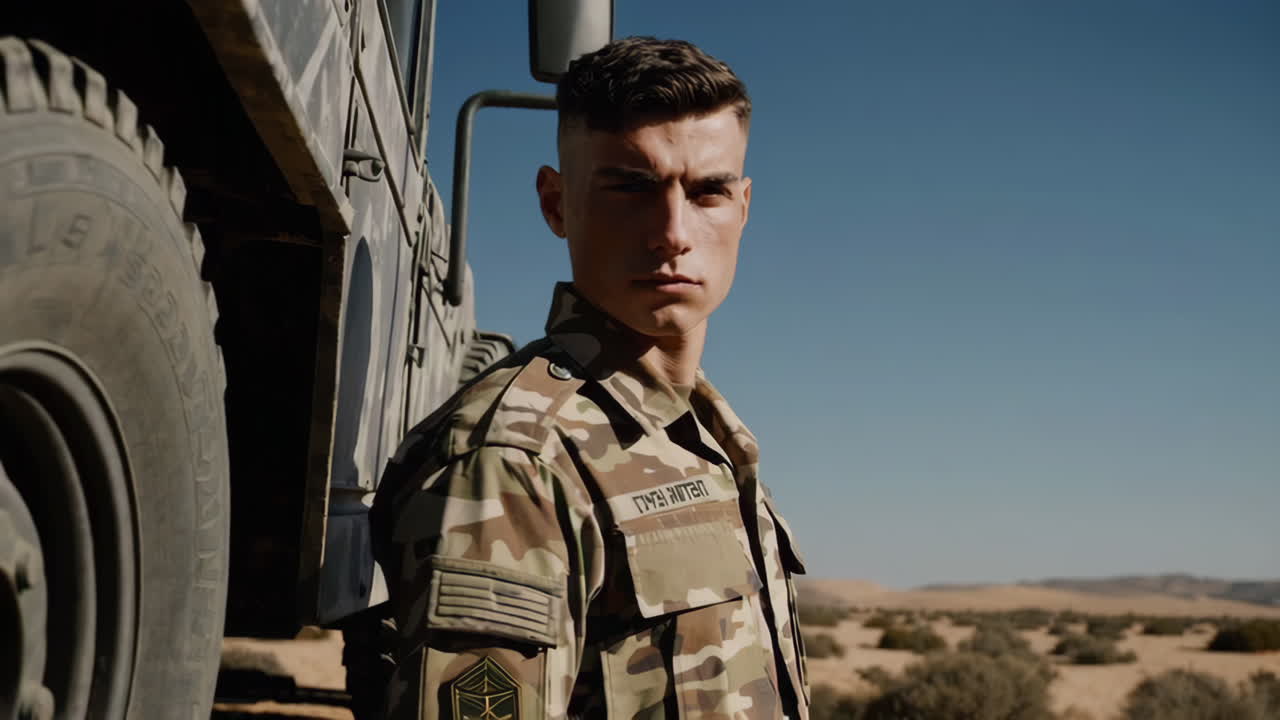 Soldier Portrait Near Military Truck in Desert